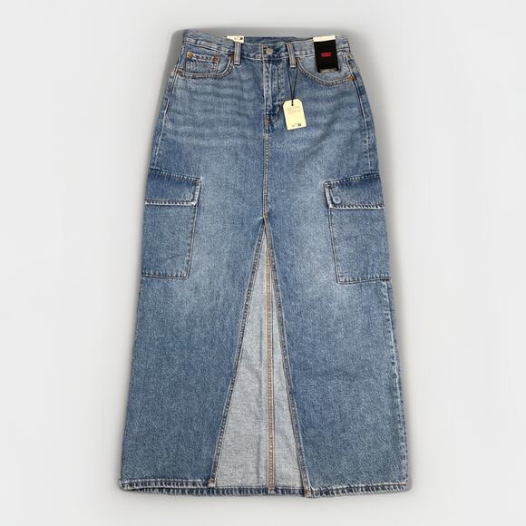 Levi's Premium Ankle Denim Column Cargo Skirt Women's Size 28 Medium Wash Blue - Picture 1 of 10